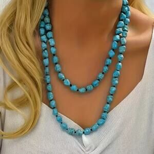 Natural Turquoise Double Layer Necklace - 46" Hand-Knotted Boho Long Chain